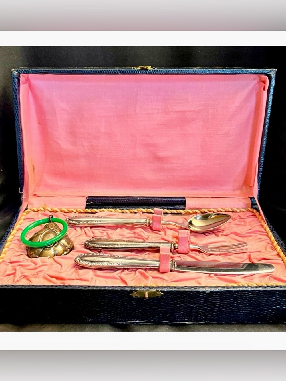 Antique Victorian Baby Silverware & Rattle Set Boxed Christening Gift Toddler